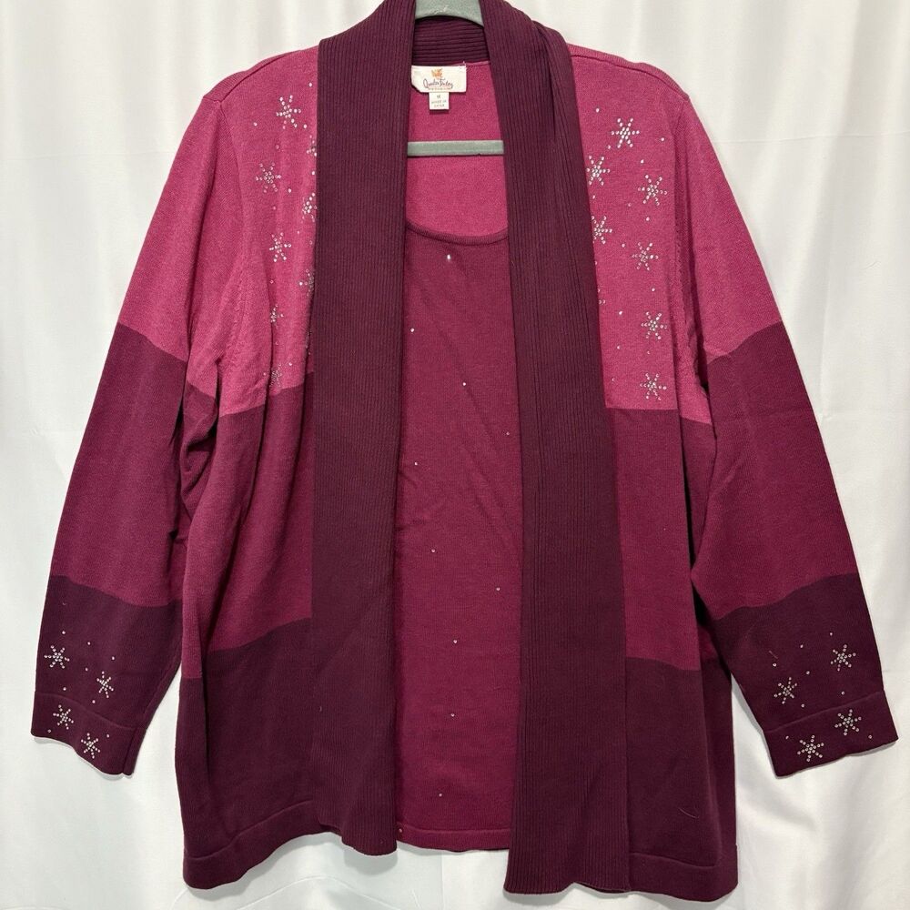 QUACKER FACTORY Faux 2 Pc Rhinestone Snowflake Sweater Jacket Top 1X Winter Pink